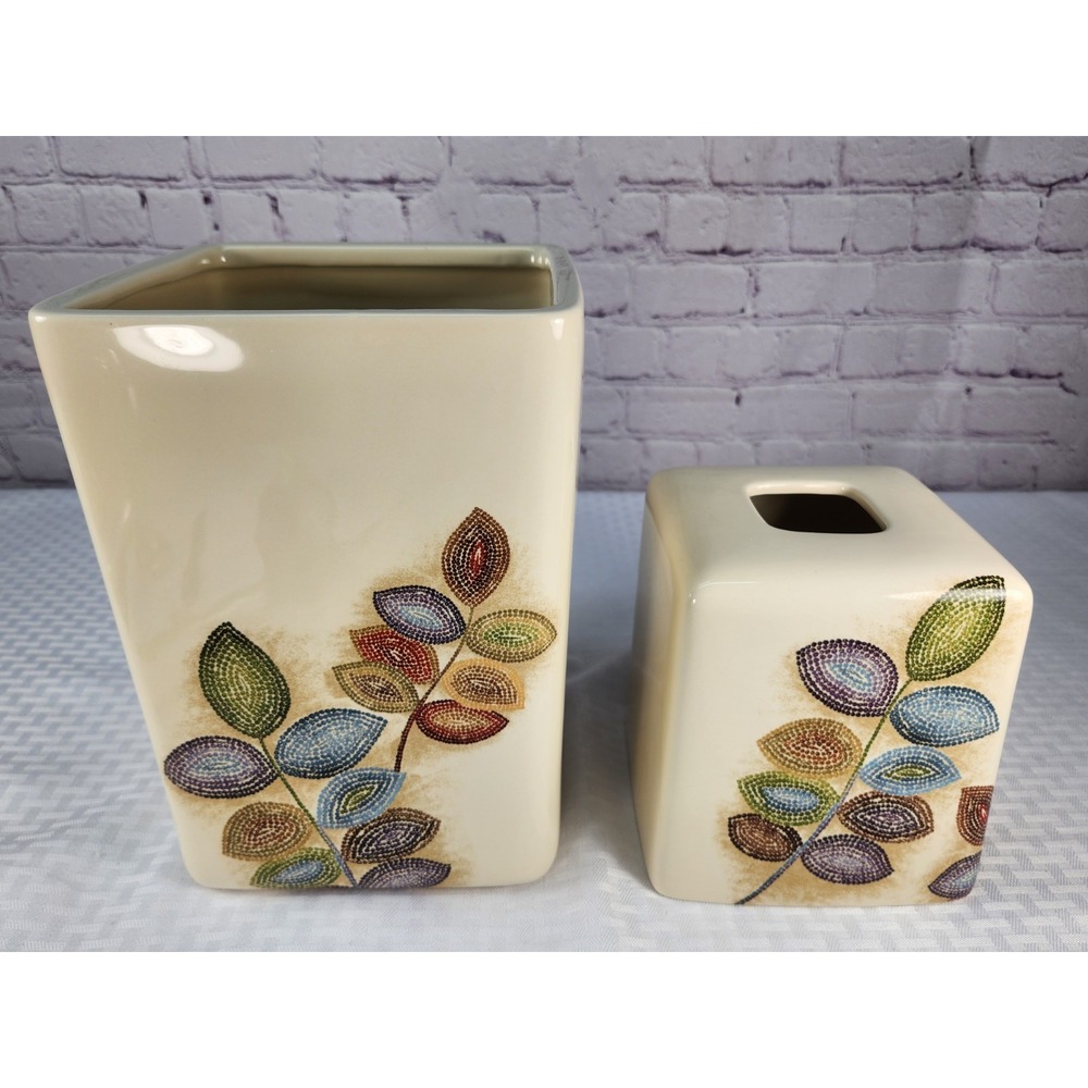 Croscill Bathroom Mosaic Leaves Waste Basket Trash Can Tissue Box Cover Vibrant